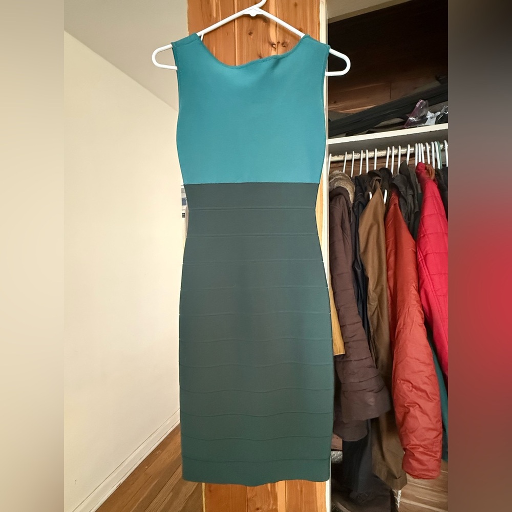 Herve Leger Paris Elegant Teal and Dark Green Dress